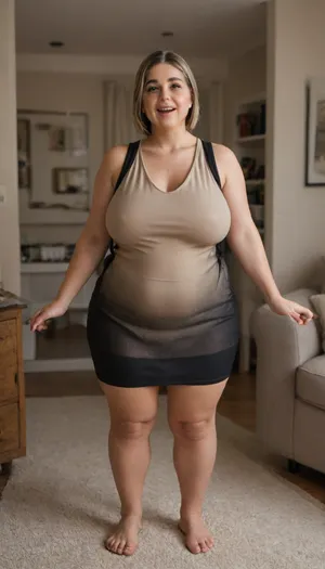 Lubica stepaunt, Mature fat bbw woman, (obese:1.2), 60 years old, married, Spanish, housewive, aunt, hot mom, milf, (light brown hair with highlights), long hair, ((detailed eyes)), saggy, hangers, (loose low-cut sleeveless black minidress:1.4), living room, full body shot, depth of field, ((open mouth:1.2)), smiling, pretty teeth