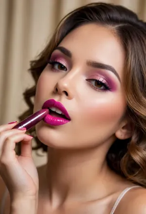 COPYRIGHT, High-gloss graphics, brightly lit face with high luminance, close-up, a beautiful coquettish woman, she is applying lipstick to her lips, lipstick, lingerie, excellent style, olive skin, light brown elaborate hairstyle, light brown eyes, moist {magenta} bright lips, a lipstick applied to the mouth, dynamic movements, beige background, END, ///©KITTY-ART///








///©KITTY-ART///