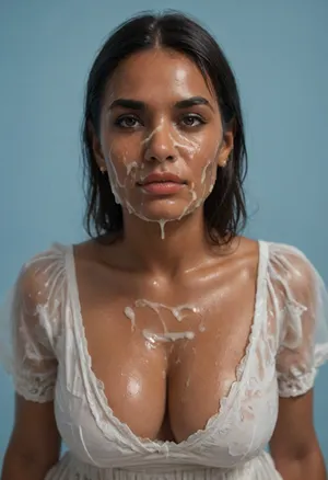 (brown skinned Indian woman:1.3), (pointy convex nose:1.1), (sleek straight cut hair:1.2), arrogant, (shoulder hair), (black hair), hooked nose, plucked eyebrows, dark complexion, (transparent liquid, wet face:1.2), (cum on her face, bukakke:1.3), white summer dress, cleavage, dark blue background, short sleeves, puffer sleeves, (flower print on dress:.8), (haute couture feather head accessory:1.1), millinery, fascinator, faint smile