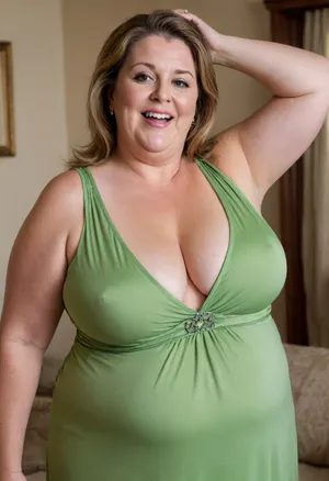 Lubica stepaunt, Mature fat bbw woman, (obese:1.5), 60 years old, married, Spanish, housewive, aunt, hot mom, milf, (light brown hair with highlights), ((green eyes)), saggy, hangers, (loose low-cut sleeveless dress:1.4), living room, low angle shot, depth of field, ((open mouth:1.2)), smiling, pretty teeth