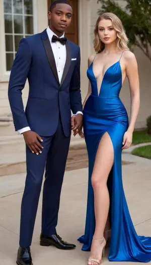18 year old White girl, long wavy ash blonde hair, small firm breasts, deep cleavage, braless, hard nipples, ((long dark blue satin prom dress)), high leg slit revealing up to her hip, small waist, wide hips, slender build, dress fits tight, interracial couple, ((African male in tuxedo standing with her)), Prom picture, ((standing side by side)), facing forward, dressed for a date, huge bulge in his slacks., no, bra, covered, nipples, prom, corset, gown, <lora:nobrav1_SDXL:.8>, <lora:Prom_Night_v1_SDXL:.8>, <lora:7a8684c1-aa8f-4e58-ab05-2f1981c3998c.TA_trained:.8>