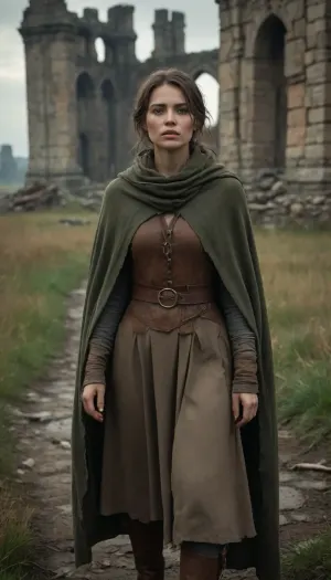 `Post-apocalyptic scene with nature reclaiming medieval ruins, ivy-covered stone castles, collapsed wooden watchtowers, overgrown cobblestone paths, and distant remnants of a shattered city with crumbling cathedrals. A weary woman in ragged, dirt-streaked clothing—patched woolen tunic, frayed cloak with a corroded clasp, scuffed leather boots—walks through a field of wild grass, her garments torn and stained with grime. She carries a dented copper flask, her face smudged with ash, sunlight filtering through haze to highlight the decayed landscape. 8k resolution, hyperrealistic textures, (weathered stone, matted fabric, oxidized metal), cinematic HDR lighting blending muted browns and gray-green tones, anti-aliasing, depth of field focusing on her figure against the ruins, ray-traced mist, lossless PNG format.`