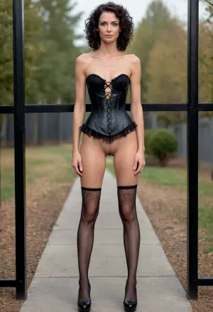 Hyper realistic, ((((skinny)))), sexy, (((slender))), (((fit))), (((naughty))), brunette short curly black hair, small breast, (((mature))), (((50 years old))), ((leather corset)), (((black fence net stockings))), high heels, (((legs spread open))), ((((thigh gap)))), leach, (((no panties))), (((naked vagina))), (((shaved vagina))), skirt