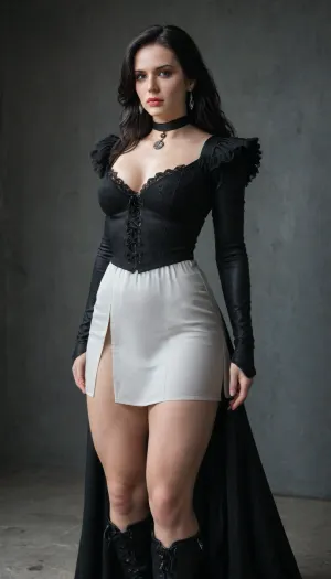 (Character), Yennefer of Vengerberg from The Witcher, (Costume), wearing her black and white dress with a deep V-neckline, silver-embroidered white panel, and flowing train. Long black sleeves with white accents, elbow-length shimmering gloves, and a black velvet choker with an obsidian gem. Knee-high black leather boots with silver buckles. Raven-black hair in loose waves, with a silver dagger and dark gemstone rings, (Physique), detail face, large bust, curvy physique, (Accessories), (Background), simple plain wall, (Expression), capturing her fierce and determined demeanor, confident expression, (Image quality), 8k resolution, high definition, ultra high clarity.
