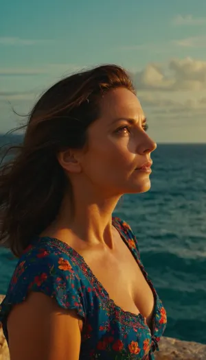 artwork a woman 40 year old looking at the sea, dramatic. key visual, vibrant, highly detailed