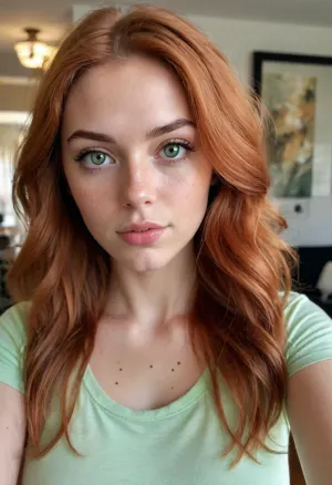 Ultra-realistic selfie of a young woman with medium brown skin and a warm undertone, light freckles across her cheeks and nose, full lips, almond-shaped light green eyes, long vibrant copper-orange hair with a soft natural wave, thick and flowing down to her hips, natural medium-size breasts, (size 35B), wearing a white cropped t-shirt with black graphic print, casual indoor lighting, holding the camera at arm’s length, natural expression, slightly pouty lips, realistic skin texture, DSLR quality, high detail, 8k.