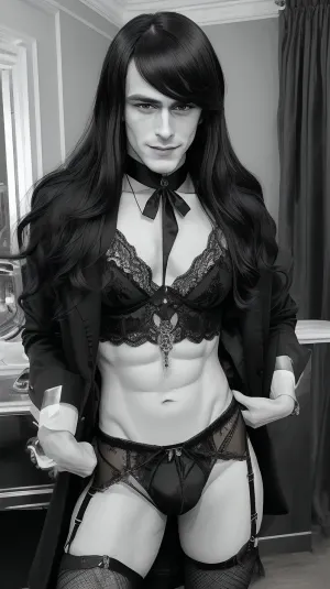 sissy boy, fag, trap gay, futa, crossdresser, goth, anime, non-binary, (man crossdressed as girl), she-male, ladyboy, European, long curly hair, tranny, transsexual, hot black lingerie, hooker, standing foyer of opera house, hands on het waist, fully erect penis, black velvet drapings, garter belt, no panties, showing off his erect penis, hard on, erection, masculene jawline, blushing, smiling, holding his penis in his hand, jacking off, jerking cock, ejaculating, male masturbation