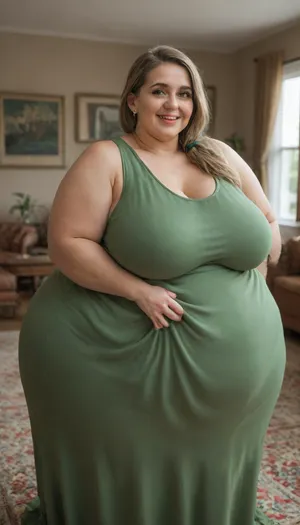 Lubica stepaunt, Mature fat bbw woman, (obese:1.5), 60 years old, married, Spanish, housewive, aunt, hot mom, milf, long hair, (light brown hair), ((big eyes)), saggy, hangers, (green tight low-cut sleeveless green dress:1.4), living room, depth of field, ((open mouth:1.2)), smiling, pretty teeth, pokies