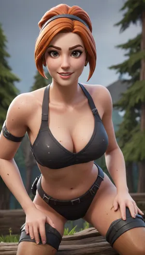 A video game cinematic still, 1woman, Felicia, (Fortnite animation style:1.8), gorgeous woman, ginger hair, dark makeup, giant eyes, athletic build, wide hips, powerful thighs, dynamic pose, facing camera, crouching, bending down and leaning forward, toward the camera, eye contact, flirty, grinning, laughing, log cabin setting, low angle shot, front view, cinematic, highest quality, UHD, highres, good hands, perfect fingers, expressive, facial expressions, emotive