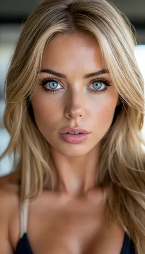 ziprealism, (statuesque, extreme low angle, looming pose, linear perspective), (fitness model, intense eye contact:1.4), (f/2.8, shallow depth of field, layered composition:1.6), (soft bokeh:.4), (ash-blonde hair, thick voluminous hair, long flowing hair, bangs haircut:1.4), (catchlights, limbal rings, large expressive eyes), (strong jawline, angular features), igbaddie, <lora:igbaddie-XL:.8>, <lora:style_lora_realis:.4>