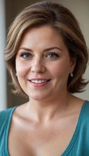 Lubica stepaunt, This is a highly realistic, detailed, and high-quality portrait of obese mature woman in her early to mid-60s, captured at a medium close-up, looking directly at the viewer with a warm and genuine expression.
Her hair is a rich chestnut brown, gracefully streaked with silver and gray, which is subtly styled, framing her face and highlighting her age with elegance. Her eyes are a striking feature, a piercing blue-green color that stands out vividly against her complexion. They convey warmth and a sense of depth and life experience.
Her face is characterized by a big, open-mouthed smile, revealing a full set of teeth and emphasizing her full, well-defined lips. The smile reaches her eyes, creating crinkles at the corners that speak of a lifetime of joy and laughter. Her skin, while showing the natural signs of aging with fine lines and a softer texture, appears healthy and well-maintained. There's a slight plumpness to her cheeks, consistent with a fat or chubby build.
She is wearing a low-cut silk camisole. The fabric appears soft and lustrous, draping over her ample bosom, which is quite large and prominently featured, consistent with the previous descriptions. The garment subtly highlights her curves.
The lighting in the image is soft and warm, casting gentle highlights and shadows that add depth and realism to her features. The background is softly blurred, likely a bokeh effect, ensuring that the entire focus remains on the woman and her expressive face. The overall impression is one of a confident, joyful, and mature woman embracing her natural beauty and age with grace.