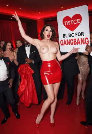 An American, (petite wife), short wavy brunette hair, stands on dance floor. She is facing the viewer. with tongue out. The wife wears a seductive red latex skirt with her tits out. The wife holds a big handmade sign with Text "Ready for BBC Gangbang". A large group of white and black male dancers in suits in the background looking on. looking at camera, best quality, High Details, Sharp focus on face.