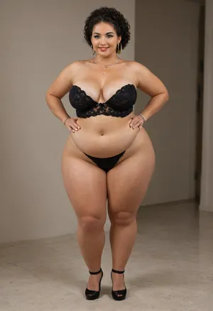 sexy mature, (obese:1.5), 60 years old, very sexy, horny, tan skin, glamour, thin curvy, tall, black eyes, neck lace, huge hoop earrings, necklace, bracelet, naught horny smile face, extremely flat tits, flat boobs, super high waisted underpants, high waisted sexy lingerie, very high waist lingerie, full body view, very thick waist, large waist, cameltoe, camel toe pussy, sexy high heels, flat, chested, <lora:flat_chested_v3.5:.5>