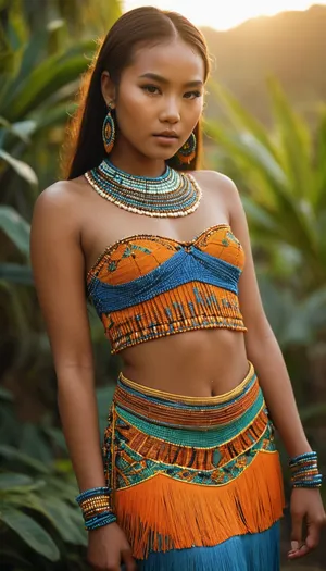 A young asian women, She wears a vibrant traditional African beaded outfit in yellow, blue, and orange, with intricate bead patterns draping over her chest and shoulders, an orange mini skirt with a green fringe hem.