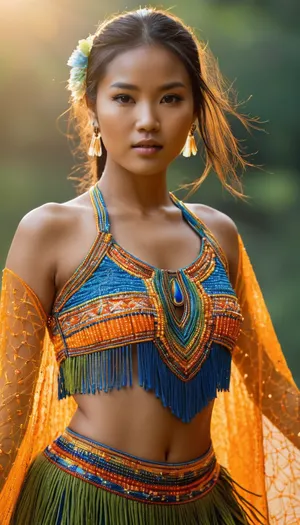 A young asian women, She wears a vibrant traditional transparent African beaded outfit in yellow, blue, and orange, with intricate bead patterns draping over her chest and shoulders, an orange mini skirt with a green fringe hem.