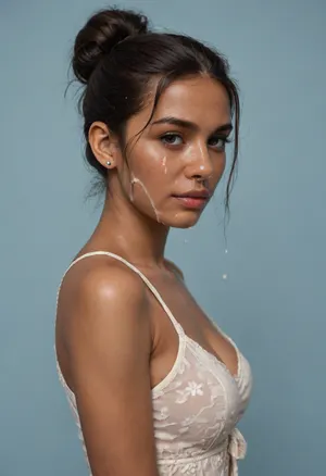 (brown skinned Indian woman looking at viewer:1.3), (dark skinned brown lips), (slightly bent hooked nose:1.2), (extremely arched nose:1.3), jawline, slightly side view, (short sleek straight tied hair:1.3), arrogant, (black hair), hooked nose, plucked eyebrows, dark complexion, (transparent liquid, wet face), (cum on her face, bukakke), white summer dress, cleavage, dark blue background, short sleeves, puffer sleeves, (flower print on dress:.8), millinery, fascinator, faint smile