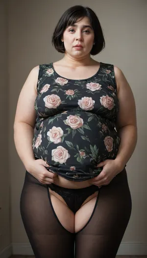 (standing up legs apart), (ugly:1.6), Obese bbw young woman 24 years old, (short:1.4), (pale skin:1.4), (slutty:1.4), (young:1.4), (thin eyebrows), (thin round face:1.3), (thin lips:1.4), (dark black hair:1.5), (very straight short bob style hair), (big brown eyes), (fat chin:1.2), with a large buxom build is wearing a short green floral dress and, (black pantyhose), ., panties, plump, skindentation, chubby, bbw, venus, body, <lora:Chubby BBW - XL:1.3>