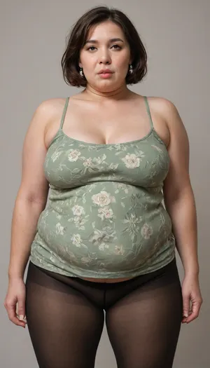 (standing up legs apart), (ugly:1.6), Obese bbw young woman 24 years old, (short:1.4), (slutty:1.4), (young:1.4), (thin eyebrows), (thin face), (thin lips:1.4), (very straight black short bob style hair), (big brown eyes), (fat chin:1.3), with a large buxom build is wearing a short green floral dress and, (black pantyhose), ., panties, plump, skindentation, chubby, bbw, venus, body, <lora:Chubby BBW - XL:1.3>
