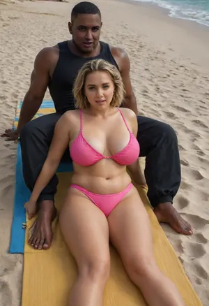 detailed photo, high quality, high resolution, Full-length photo, (an interracial couple, a black man sitting next to a woman), sunbathing on the beach, lying on a mat, beach mat, two people lying on a mat, man lying on his stomach, ((A huge black guy is sitting on his knees, a healthy black guy showing a woman his huge black cock, big cock, erect cock)), a beautiful woman lies on her back, (a woman lies face up), young milf, mature woman, married woman, blonde, straight hair, short hair, golden hair, detailed face, passionate face, excited face, arrogant face, high-quality eyes, beautiful brown eyes, a woman has a small nose, cheeks, plump cheeks, plump lips, white teeth, The woman is shoked, the woman is screaming, a woman has large saggy breasts, hanging tits, large breasts, small tummy, tummy, medium-sized ass, round ass, plump legs, thick legs, a woman is slightly tanned, tanned skin, tanned face, woman wearing pink swimsuit, dark pink open swimsuit, dark pink underpants, dark pink bra, man, sitting, man sitting near the woman, (black young man looking at woman, a huge man sitting near the woman), the huge black man is sitting on his knees, the man is sitting near the woman, big black guy, (muscular guy:1.2), huge guy, tall guy, strong arms, fit black hooligan, guy in black swim trunks, bare torso, big cock under the swim trunks, crowded beach, (a huge black guy is sitting next to woman), a black guy in short swim trunks, green, eyes, blue, brown, perfecteyes, african, israeli, english, arabic, chain, piercing, earring, blackandwhite, color, profile, jacket, shorts, tank, <lora:PerfectEyesXL:.9>, <lora:338632_training_data:1.2>