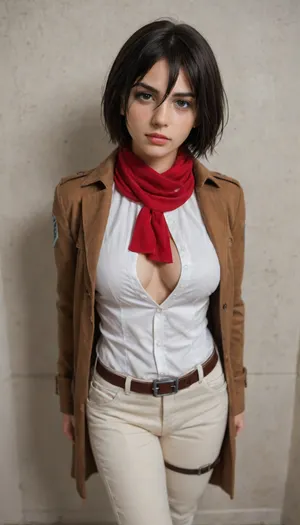 (Character), Mikasa Ackerman from Attack on Titan, (Costume), wearing her Survey Corps uniform, including a dark green cloak, brown leather jacket, white pants, and red scarf, (Physique), detail face, She has her black hair tied back, huge natural cleavage, unbuttoned shirt, curvy physique, panty visible, groin visible, (Accessories), holding dual Omni-Directional Mobility Gear blades, (Background), simple plain wall, (Expression), capturing her fierce and determined demeanor, confident expression, pants pulled down, (Image quality), 8k resolution, high definition, ultra high clarity, (View), POV view.