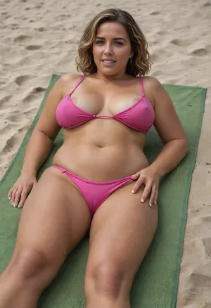 detailed photo, high quality, high resolution, Full-length photo, ((heterosexual couple:1.5), a man and a woman lie next to each other), sunbathing on the beach, lying on a mat, beach mat, two people lying on a mat, man lying on his stomach, man lying with his back up, a beautiful woman lies on her back, a woman lies face up, young milf, mature woman, married woman, blonde, straight hair, short hair, golden hair, detailed face, passionate face, excited face, arrogant face, high-quality eyes, beautiful brown eyes, a woman has a small nose, cheeks, plump cheeks, plump lips, white teeth, The woman is shoked, the woman is screaming, a woman has large saggy breasts, hanging tits, large breasts, small tummy, tummy, medium-sized ass, round ass, plump legs, thick legs, a woman is slightly tanned, tanned skin, tanned face, woman wearing pink swimsuit, dark pink open swimsuit, dark pink underpants, dark pink bra, a man lying down, (a man lying near the woman), the man is lying with his back up, the man is lying on the side of the woman, the man is lying next to her, a tanned man, an overweight man, a brunette man, a man wearing black long shorts, a naked torso, crowded beach, green, eyes, blue, brown, perfecteyes, <lora:PerfectEyesXL:.8>