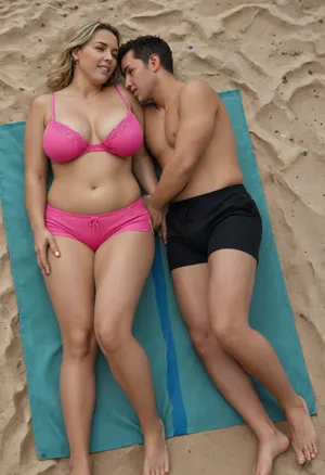 detailed photo, high quality, high resolution, Full-length photo, ((heterosexual couple:1.5), a man and a woman lie next to each other), sunbathing on the beach, lying on a mat, beach mat, two people lying on a mat, man lying on his stomach, man lying with his back up, a beautiful woman lies on her back, (a woman lies face up), young milf, mature woman, married woman, blonde, straight hair, short hair, golden hair, detailed face, passionate face, excited face, arrogant face, high-quality eyes, beautiful brown eyes, a woman has a small nose, cheeks, plump cheeks, plump lips, white teeth, The woman is shoked, the woman is screaming, a woman has large saggy breasts, hanging tits, large breasts, small tummy, tummy, medium-sized ass, round ass, plump legs, thick legs, a woman is slightly tanned, tanned skin, tanned face, woman wearing pink swimsuit, dark pink open swimsuit, dark pink underpants, dark pink bra, (man, sleeping, man near the woman, lying down), man lying down, (a man lying near the woman), the man is lying with his back up, the man is lying on the side of the woman, the man is lying next to her, a tanned man, an overweight man, a brunette man, ((a man wearing black long shorts, man's black long shorts)), man's naked torso, crowded beach, green, eyes, blue, brown, perfecteyes, Ass, view, <lora:PerfectEyesXL:.8>, <lora:MaleAssViewV2:.8>