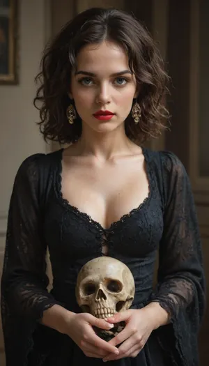 This is a picture of a girl. She has big eyes and red lips. She is wearing a warrior dress. She is holding a skull. The background is dark and scary
