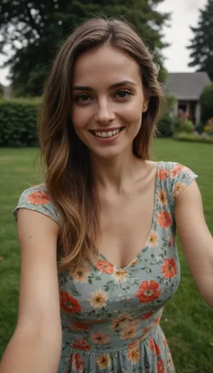 Breathtaking selfie photograph of a slim woman, early 30s, smiling, wearing a summer dress with flower print, standing on the grass, garden in the background.