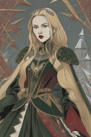 young slender bitch, ash-coloured blonde, pretty slavic face, charming, hot, green eyes, red puffy lips, scornful sneer, gorgeous figure, 16th century Russian dress, (full-length image:1.2), (fantasy art, artwork:1.5), (sharp lines, flat colors:1.6), in winter, medieval russian village with white kremlin in background