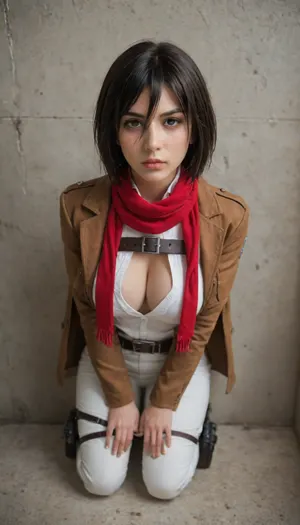 (Character), Mikasa Ackerman from Attack on Titan, (Costume), wearing her Survey Corps uniform, including a dark green cloak, brown leather jacket, white pants, and red scarf, unbuttoned white shirt, (Physique), detail face, She has her black hair tied back, huge natural bust, deep cleavage, curvy physique, (Accessories), holding dual Omni-Directional Mobility Gear blades, (Background), simple plain wall, (Expression), bending slightly forward, leaning against the wall, capturing her fierce and determined demeanor, confident expression, pants pulled down, hands on her knees, (Image quality), 8k resolution, high definition, ultra high clarity, (View), Front-straight angle view, view above the waist, view below her face.