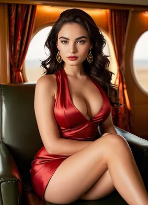 (masterpiece, best quality, photorealistic, HDR, ultra-detailed skin, cinematic lighting), 22-year-old Eastern European woman, voluptuous hourglass figure with, (very large full perky breasts:1.2), (ultra-narrow sculpted waist:1.2), (wide round hips and long toned legs:1.2), flawless luminous porcelain-fair skin with a soft natural glow, high sculpted cheekbones with delicate blush, refined petite nose with a graceful bridge, large vivid emerald-green eyes with thick ultra-long upward-curled black lashes, bold natural arched eyebrows, elegant beauty mark just below the left eye, glossy full heart-shaped lips in deep crimson lacquered lipstick, ultra-long straight jet-black hair with silky lustrous sheen cascading over her shoulders, slender feminine fingers with long glossy crimson nails, wearing a tight-fitting deep-red silk blouse with a plunging neckline that accentuates her cleavage, paired with a short high-waist pencil skirt in black satin, sheer black pantyhose, elegant diamond stud earrings, seated in an ultra-luxury first-class airplane suite with a wide cream leather lie-flat seat, high privacy walls, polished wood veneer panels, gold-accented fixtures, plush carpeting, personal minibar, and a large oval window revealing glowing sunset skies, reclining slightly with her legs crossed and one hand brushing her hair back, giving a soft inviting smile towards the viewer, soft golden light illuminating her curves and face, cinematic depth of field, rich warm tones, <lora:MJ52:1>, <lora:SDXLHighDetail_v6-000005:.8>, <lora:Microwaist_XL_v01:.8>