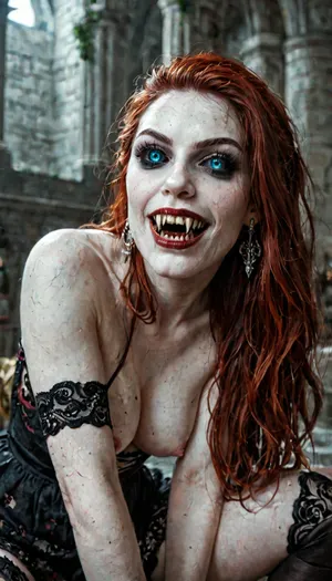 Photographic. Dynamic. View of three, (3), beautiful women with a demon face Vampire Fangs Teeth, their eyes are black and reflective, crawling towards camera on their knees
All have pale skin and black lips, with snarling evil faces. Their breasts are exposed.

The woman on the left is skinny with small exposed breasts and long white hair. The centre woman is slender, with large saggy breasts, black hair with her mouth open showing her impressive long fangs, (she hisses at the viewer), The woman on the right is voluptuous and has red hair, Their legs blend in to the shadows.

They are surrounded by shadows in medieval castle, highly detailed, high budget, bokeh, cinemascope, moody, epic, gorgeous, film grain, grainy, (()), dark, fantasy, Subspecies, style, black, sclera, eyes, <lora:dark_fantasy_art:1.4>, <lora:Subspecies style:.6>, <lora:black sclera:1.6>