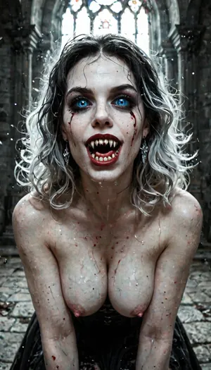 Photographic. Dynamic. Realistic. View of three, (3), beautiful women with a demon face Vampire Fangs Teeth, their eyes are black and reflective, crawling towards camera on their knees
All have pale skin and black lips, with snarling evil faces. Their breasts are exposed. Tiny droplets of blood fleck their mouths and breasts.

The woman on the left is skinny with small exposed breasts and long white hair. The centre woman is slender, with large saggy breasts, black hair with her mouth open showing her impressive long fangs, (she hisses at the viewer), The woman on the right is voluptuous and has red hair, Their legs blend in to the shadows.

They are surrounded by shadows in medieval castle, highly detailed, high budget, bokeh, cinemascope, moody, epic, gorgeous, film grain, grainy, (()), dark, fantasy, Subspecies, style, black, sclera, eyes, <lora:dark_fantasy_art:1.4>, <lora:Subspecies style:.6>, <lora:black sclera:1.6>