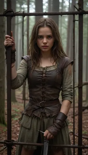 ** Description for the image generator, ** A girl in a tattered medieval tunic of coarse linen, with frayed edges and traces of dirt, stands in an iron cage that resembles an animal enclosure. Her hair is disheveled, her eyes are fearfully defiant, and her fingers are gripping the bars as if she's trying to defend herself. The cage is surrounded by a misty forest thicket, rusty spikes on the bars and shadows from the branches add to the sense of confinement. There are two hunters around, men in worn leather armor, daggers on their belts and crossbows on their backs. Their postures are aggressive — one is leaning toward the cage, grinning, his hand reaching for the lock, the other is half-turned, eyeing the captive with carnivorous interest. The hunters ' faces are a mixture of cruelty and lustful curiosity, narrowed eyes, stiff neck muscles, greasy grins. **Details to draw, **, **Textures, ** focus on the frayed fabric of the tunic, the gleam of the metal of the cage, the roughness of the tree bark in the background., **Lighting, ** the dim moonlight filtering through the fog creates sharp shadows on the hunters ' faces and glare on their weapons., **Emotions, ** fear and resistance in the girl's eyes, contrasting with the predatory passion of men., **Environment details, ** moss on the ground, broken branches underfoot, cobwebs in the corners of the cage. — * * Colors, ** a muted palette, (gray-green tones of the forest, dark brown leather of armor), with an emphasis on the pallor of the girl's skin and bloody reflections on metal. — * * Composition, ** a bottom view that highlights the threatening position of the hunters, a light haze for an atmosphere of alarm. **Technical instructions, ** Use ultra-detailed rendering for the characters ' faces and hands, 8K texture resolution for rendering small elements, (such as scratches on bars), and dynamic lighting with soft shadows. Add a motion blur to the background to focus your attention on the cell. * Restriction, The description does not contain explicit scenes of violence, but implies a tense atmosphere.*, fantasy, scaled, humanoid, 4ng3l, face, <lora:add-detail-xl:.5>, <lora:SDXL_BetterFaces-LoRA_v1:.5>