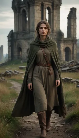 `Post-apocalyptic scene with nature reclaiming medieval ruins, ivy-covered stone castles, collapsed wooden watchtowers, overgrown cobblestone paths, and distant remnants of a shattered city with crumbling cathedrals. A weary woman in ragged, dirt-streaked clothing—patched woolen tunic, frayed cloak with a corroded clasp, scuffed leather boots—walks through a field of wild grass, her garments torn and stained with grime. She carries a dented copper flask, her face smudged with ash, sunlight filtering through haze to highlight the decayed landscape. 8k resolution, hyperrealistic textures, (weathered stone, matted fabric, oxidized metal), cinematic HDR lighting blending muted browns and gray-green tones, anti-aliasing, depth of field focusing on her figure against the ruins, ray-traced mist, lossless PNG format.`