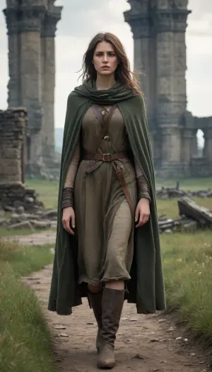 `Post-apocalyptic scene with nature reclaiming medieval ruins, ivy-covered stone castles, collapsed wooden watchtowers, overgrown cobblestone paths, and distant remnants of a shattered city with crumbling cathedrals. A weary woman in ragged, dirt-streaked clothing—patched woolen tunic, frayed cloak with a corroded clasp, scuffed leather boots—walks through a field of wild grass, her garments torn and stained with grime. She carries a dented copper flask, her face smudged with ash, sunlight filtering through haze to highlight the decayed landscape. 8k resolution, hyperrealistic textures, (weathered stone, matted fabric, oxidized metal), cinematic HDR lighting blending muted browns and gray-green tones, anti-aliasing, depth of field focusing on her figure against the ruins, ray-traced mist, lossless PNG format.`