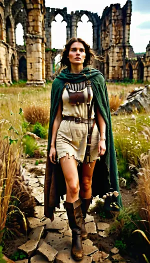 `Post-apocalyptic scene with nature reclaiming medieval ruins, ivy-covered stone castles, collapsed wooden watchtowers, overgrown cobblestone paths, and distant remnants of a shattered city with crumbling cathedrals. A weary woman in ragged, dirt-streaked clothing—patched woolen tunic, frayed cloak with a corroded clasp, scuffed leather boots—walks through a field of wild grass, her garments torn and stained with grime. She carries a dented copper flask, her face smudged with ash, sunlight filtering through haze to highlight the decayed landscape. 8k resolution, hyperrealistic textures, (weathered stone, matted fabric, oxidized metal), cinematic HDR lighting blending muted browns and gray-green tones, anti-aliasing, depth of field focusing on her figure against the ruins, ray-traced mist, lossless PNG format.`