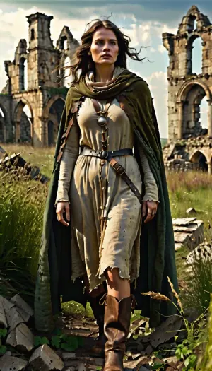 `Post-apocalyptic scene with nature reclaiming medieval ruins, ivy-covered stone castles, collapsed wooden watchtowers, overgrown cobblestone paths, and distant remnants of a shattered city with crumbling cathedrals. A weary woman in ragged, dirt-streaked clothing—patched woolen tunic, frayed cloak with a corroded clasp, scuffed leather boots—walks through a field of wild grass, her garments torn and stained with grime. She carries a dented copper flask, her face smudged with ash, sunlight filtering through haze to highlight the decayed landscape. 8k resolution, hyperrealistic textures, (weathered stone, matted fabric, oxidized metal), cinematic HDR lighting blending muted browns and gray-green tones, anti-aliasing, depth of field focusing on her figure against the ruins, ray-traced mist, lossless PNG format.`
