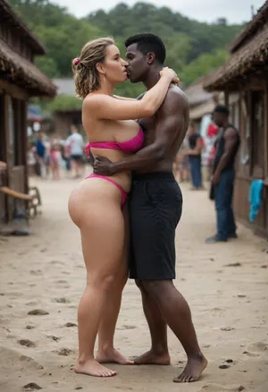 detailed photo, high quality, high resolution, Full-length photo, (an, (interracial), tribal village, village on the beach, (huge black guy:1.7), an athletic black guy kissing a woman), Athletic black man holds a woman in his arms, a kiss, hot, passionate, young milf, mature woman, married woman, blonde, straight hair, short hair, golden hair, detailed face, passionate face, excited face, arrogant face, high-quality eyes, beautiful brown eyes, a woman has a small nose, cheeks, plump cheeks, plump lips, white teeth, (The woman is shoked), the woman is screaming, a woman has large saggy breasts, hanging tits, large breasts, small tummy, tummy, medium-sized ass, round ass, plump legs, thick legs, a woman is slightly tanned, tanned skin, tanned face, woman wearing pink swimsuit, dark pink open swimsuit, dark pink underpants, dark pink bra, black man, goes, man kiss woman, man, (black young man, big black guy), (muscular guy:1.4), huge guy, tall guy, strong arms, fit black hooligan, guy in black swim trunks, bare torso, (The big black man hold the woman on his arms), beach, the tribal village, a black guy in short swim trunks, green, eyes, blue, brown, perfecteyes, african, israeli, english, arabic, chain, piercing, earring, blackandwhite, color, profile, jacket, shorts, tank, <lora:PerfectEyesXL:1>, <lora:338632_training_data:1>