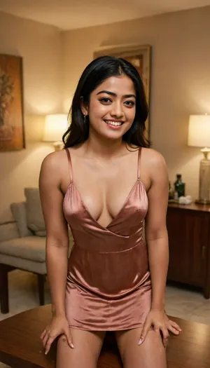Indian actress Rashmika at student party, in a apartment, a bit tanned, bend over table, alcool bottles and glass on table. laughing, lit by flash, brown satin dress, dront view, rashmi, Rashmika, downblouse, nipslip, <lora:XLRash2:.8>, <lora:RealDownblouseXL2:1.7>