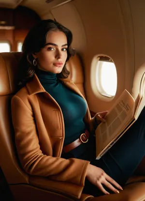 (masterpiece, best quality, photorealistic, HDR, ultra-detailed skin, cinematic lighting), 22-year-old Eastern European woman, voluptuous hourglass figure with, (large full natural breasts:1.1), (narrow sculpted waist:1.1), (round hips and long toned legs:1.1), flawless luminous porcelain-fair skin, high sculpted cheekbones with soft blush, refined petite nose, large vivid emerald-green eyes with thick upward-curled black lashes, bold natural arched eyebrows, elegant beauty mark just below the left eye, glossy full heart-shaped lips in soft rose lipstick, ultra-long straight jet-black hair smooth and shiny, slender feminine fingers with natural manicured nails, dressed in a luxurious fitted navy-blue wool turtleneck sweater, tailored cream trousers, a long belted camel-colored cashmere coat, polished brown leather ankle boots, delicate gold hoop earrings, seated gracefully in an ultra-luxury first-class airplane suite with wide cream leather lie-flat seat, high privacy walls, polished wood veneer panels, gold-accented fixtures, plush carpeting, and a large oval window with bright daylight sky, holding a hardcover book in her hands, warm natural cabin lighting highlighting her calm and poised expression, cinematic depth of field, <lora:MJ52:1>, <lora:SDXLHighDetail_v6-000005:.8>, <lora:Microwaist_XL_v01:.8>
