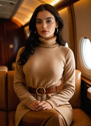 (masterpiece, best quality, photorealistic, HDR, ultra-detailed skin, cinematic lighting), 22-year-old Eastern European woman, voluptuous hourglass figure with, (large full natural breasts:1.1), (narrow sculpted waist:1.1), (round hips and long toned legs:1.1), flawless luminous porcelain-fair skin, high sculpted cheekbones with soft blush, refined petite nose, large vivid emerald-green eyes with thick upward-curled black lashes, bold natural arched eyebrows, elegant beauty mark just below the left eye, glossy full heart-shaped lips in soft rose lipstick, ultra-long straight jet-black hair smooth and shiny, slender feminine fingers with natural manicured nails, dressed in a luxurious fitted navy-blue wool turtleneck sweater, tailored cream trousers, a long belted camel-colored cashmere coat, polished brown leather ankle boots, delicate gold hoop earrings, seated gracefully in an ultra-luxury first-class airplane suite with wide cream leather lie-flat seat, high privacy walls, polished wood veneer panels, gold-accented fixtures, plush carpeting, and a large oval window with bright daylight sky, holding a hardcover book in her hands, warm natural cabin lighting highlighting her calm and poised expression, cinematic depth of field, <lora:MJ52:1>, <lora:SDXLHighDetail_v6-000005:.8>, <lora:Microwaist_XL_v01:.8>