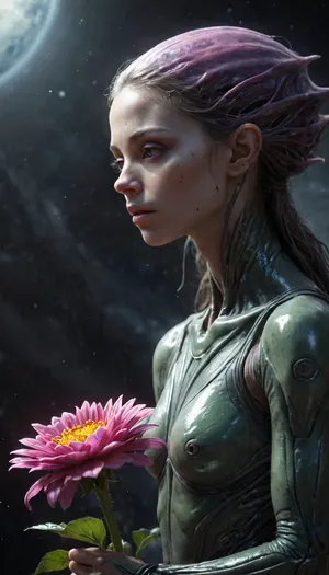 Concept art of an alien girl sad over dying space flower.