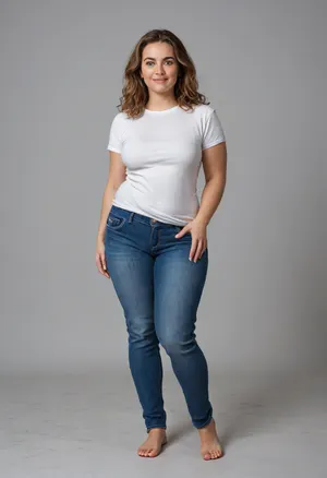 Create an image of a stunning obese 45-year-old woman with a curvy, well-maintained physique, capturing her full body from head to knees. She embodies grace and beauty, reflecting both confidence and vitality.

Her hair is styled in elegant, soft waves that cascade down her back, rich and glossy with a natural light brown and subtle highlights for depth. Long hair. Her face is beautifully sculpted with high cheekbones, a gentle, radiant smile, and smooth, glowing skin. Her expressive, captivating eyes are a deep warm color, framed by well-groomed eyebrows and subtle, tasteful makeup.

Her neck is graceful, transitioning seamlessly into her well-defined, relaxed shoulders. Her bust is full, saggy and natural, approximately 36D, with a very saggy appearance that reflects her age and body type, portrayed tastefully to emphasize confidence and natural beauty. Her waist is well-defined, with a smooth, gently curving contour enhancing her hourglass figure. She has huge hips, and a FUPA, plump waist. Her hips are very wide. Her thighs are curvaceous and thick, and she has a slightly larger, well-rounded butt that is prominent and complements her curvy silhouette. Her legs are toned and shapely, athletic appearance, finishing in well-proportioned, graceful feet.

She is dressed in a casual, stylish fitted white T-shirt. T-shirt is a solid white, with soft fabric that highlights her figure. She is wearing tight highwaist blue jeans, The image should capture her confident stance, natural beauty, and curvy figure.