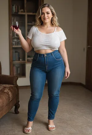 Create an image of a stunning obese 45-year-old woman with a curvy, well-maintained physique, capturing her full body from head to knees. She embodies grace and beauty, reflecting both confidence and vitality.

Her hair is styled in elegant, soft waves that cascade down her back, rich and glossy with a natural color and subtle highlights for depth. Her face is beautifully sculpted with high cheekbones, a gentle, radiant smile, and smooth, glowing skin. Her expressive, captivating eyes are a deep warm color, framed by well-groomed eyebrows and subtle, tasteful makeup.

Her neck is graceful, transitioning seamlessly into her well-defined, relaxed shoulders. Her bust is full and natural, approximately 36D, with a very saggy appearance that reflects her age and body type, portrayed tastefully to emphasize confidence and natural beauty. Her waist is well-defined, with a smooth, gently curving contour enhancing her hourglass figure. She has large hips. Her hips are very wide. Her thighs are curvaceous and thick, and she has a slightly larger, well-rounded butt that is prominent and complements her curvy silhouette. Her legs are toned and shapely, athletic appearance, finishing in well-proportioned, graceful feet.

She is dressed in a casual, stylish fitted white T-shirt. T-shirt is a solid, with soft fabric that highlights her figure. She is wearing tight highwaist blue jeans, She is holding a glass of wine in one hand, enjoying a moment of relaxation with a serene and content demeanor. The image should capture her confident stance, natural beauty, and the tranquil moment of savoring her wine, in a living room