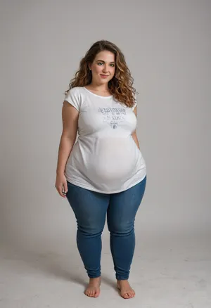Create an image of a stunning obese 45-year-old woman with a curvy, well-maintained physique, capturing her full body from head to knees. She embodies grace and beauty, reflecting both confidence and vitality.

Her hair is styled in elegant, soft waves that cascade down her back, rich and glossy with a natural light brown and subtle highlights for depth. Long hair. Her face is beautifully sculpted with high cheekbones, a gentle, radiant smile, and smooth, glowing skin. Her expressive, captivating eyes are a deep warm color, framed by well-groomed eyebrows and subtle, tasteful makeup.

Her neck is graceful, transitioning seamlessly into her well-defined, relaxed shoulders. Her bust is full, saggy and natural, approximately 36D, with a very saggy appearance that reflects her age and body type, portrayed tastefully to emphasize confidence and natural beauty. Her waist is well-defined, with a smooth, gently curving contour enhancing her hourglass figure. She has huge hips, and a FUPA, plump waist. Her hips are very wide. Her thighs are curvaceous and thick, and she has a slightly larger, well-rounded butt that is prominent and complements her curvy silhouette. Her legs are toned and shapely, athletic appearance, finishing in well-proportioned, graceful feet., (Obese:1.5), She is dressed in a casual, stylish fitted white T-shirt. T-shirt is a solid white, with soft fabric that highlights her figure. She is wearing tight highwaist blue jeans, The image should capture her confident stance, natural beauty, and curvy figure.