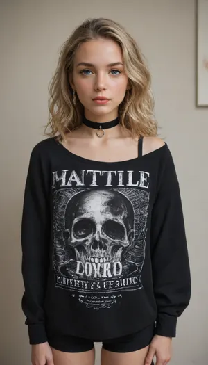 Petite 18 year old girl, wearing black spandex short shorts, wearing an oversized shirt, long straight blonde hair, small round innocent face, ultra high details, detailed face, hyper realistic, flat chested, straight hair, slutty, hair in her face, black choker