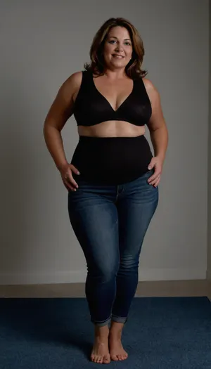 photography of a mature woman, named Lubica, (50 yo, pear shaped body type, obese, chubby, milf:1.3), (curvy:1.3), arriving at work, (small open space, blue carpet, white wall, wondow with a view on nature), . She has fair skin, straight, dark hair with highlights that falls past her shoulders, (gray strands in hair), and bright blue eyes. Her expression is warm and friendly, with a broad smile revealing her teeth. She is dressed in a tight black sleeveless blouse made of a smooth, slightly shiny fabric, (braless, hard nipples, medium sized breasts), big fupa, huge hips, thick thighs. The black blouse is tight and slightly unbuttoned, giving it a slutty appearance, wearing tight highwaist blue jeans that covers her legs. clothes, braless, Wearing, that, make, sense, with, Braless>, <lora:bralessSDXL_v1_00022:.5>