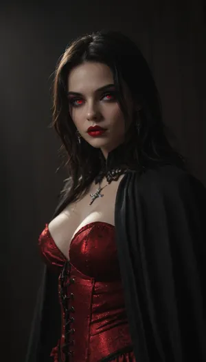 Regal female vampire countess, tall, (pale porcelain skin), long raven black hair, ruby-red eyes, crimson lips, blood-red velvet gown with corset, black cloak, ruby jewelry, inverted silver cross, alluring yet dangerous, dark sapphic glamour, gothic, realistic, dramatic lighting., hkstyle, <lora:hkstyleV5:.8>, <lora:dark:.8>