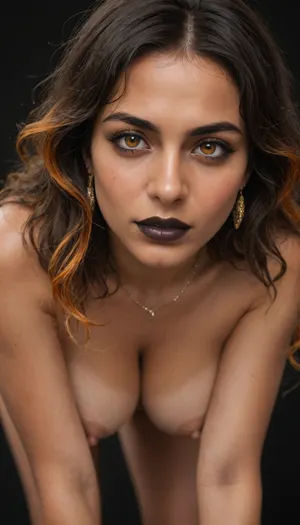 goth, (indian bhabhi:1.7), naked milf, (orange eyes), very long wavy hair, black highlighted hair, orange highlights, tattoos, ((black lipstick)), mischievous, one eyebrow raised, hijab, thick nipples, interested face, cowgirl straddling, (leaning forward:1.4), medium tits, (black background:1.2), front view, close up, tanned